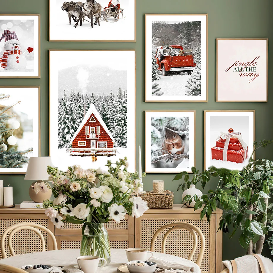 X Home Decor - Red House Gift Car Snowman Tree